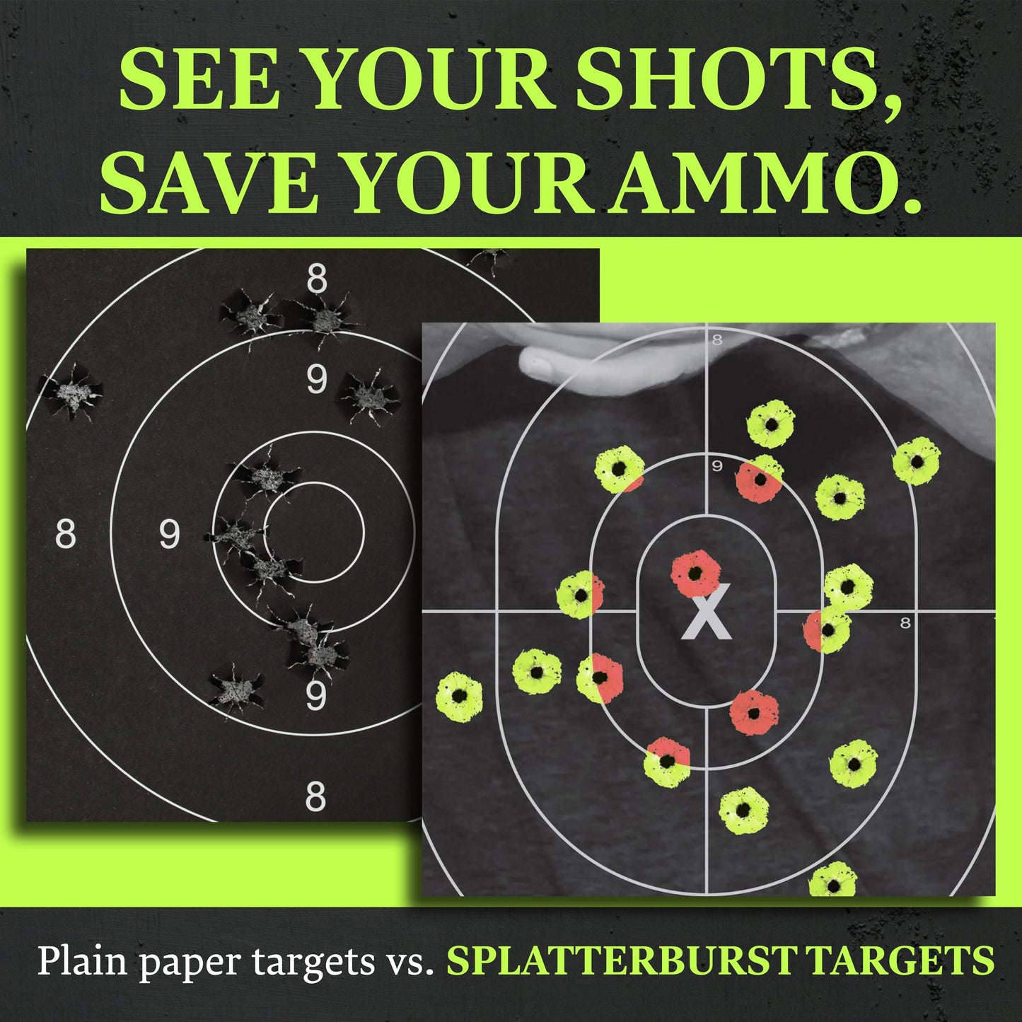 Splatterburst Targets - 12 x18 inch - Bad Guy Splatter Target - Easily See Your Shots Burst Bright Fluorescent Yellow Upon Impact - Made in the USA (10 Pack)