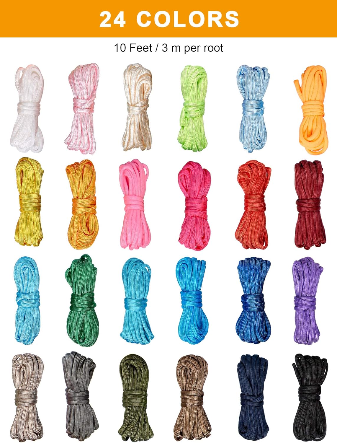 10 Feet Paracord Cord 550 - 24-Piece Multifunctional Crafting Kit for Bracelets, Keychains & Dog Collars | Solid Style