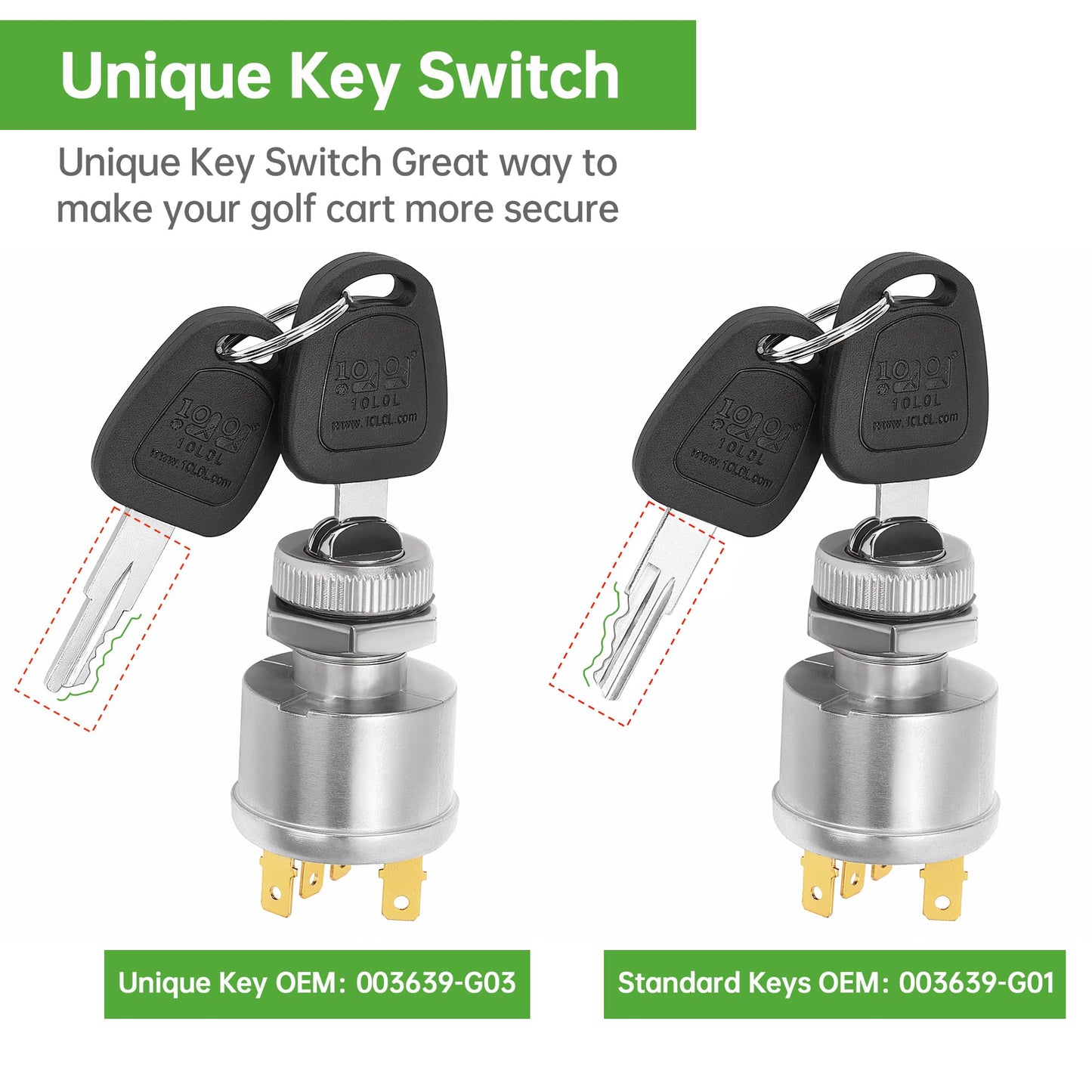 10L0L Golf Cart Unique Key Switch for EZGO TXT, Medalist, Marathon, Workhorse, ST, Shuttle, Golf Cart Ignition Switch and Key with 4 Terminals OEM 33639-G01, 33639G03
