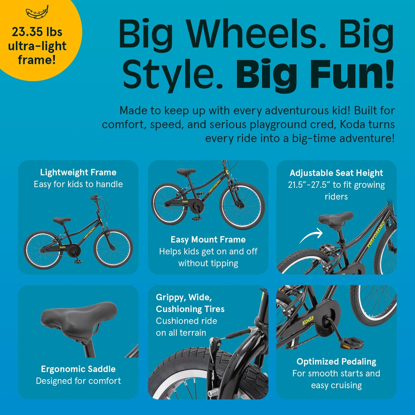 Retrospec Koda Plus Kids Bike for Boys & Girls Ages 6-8 Years - 20" Children's Bicycle, Adjustable Seat & Handlebars, Removable Training Wheels, Front Hand Brakes, Rear Coaster Brake & Safety Bell