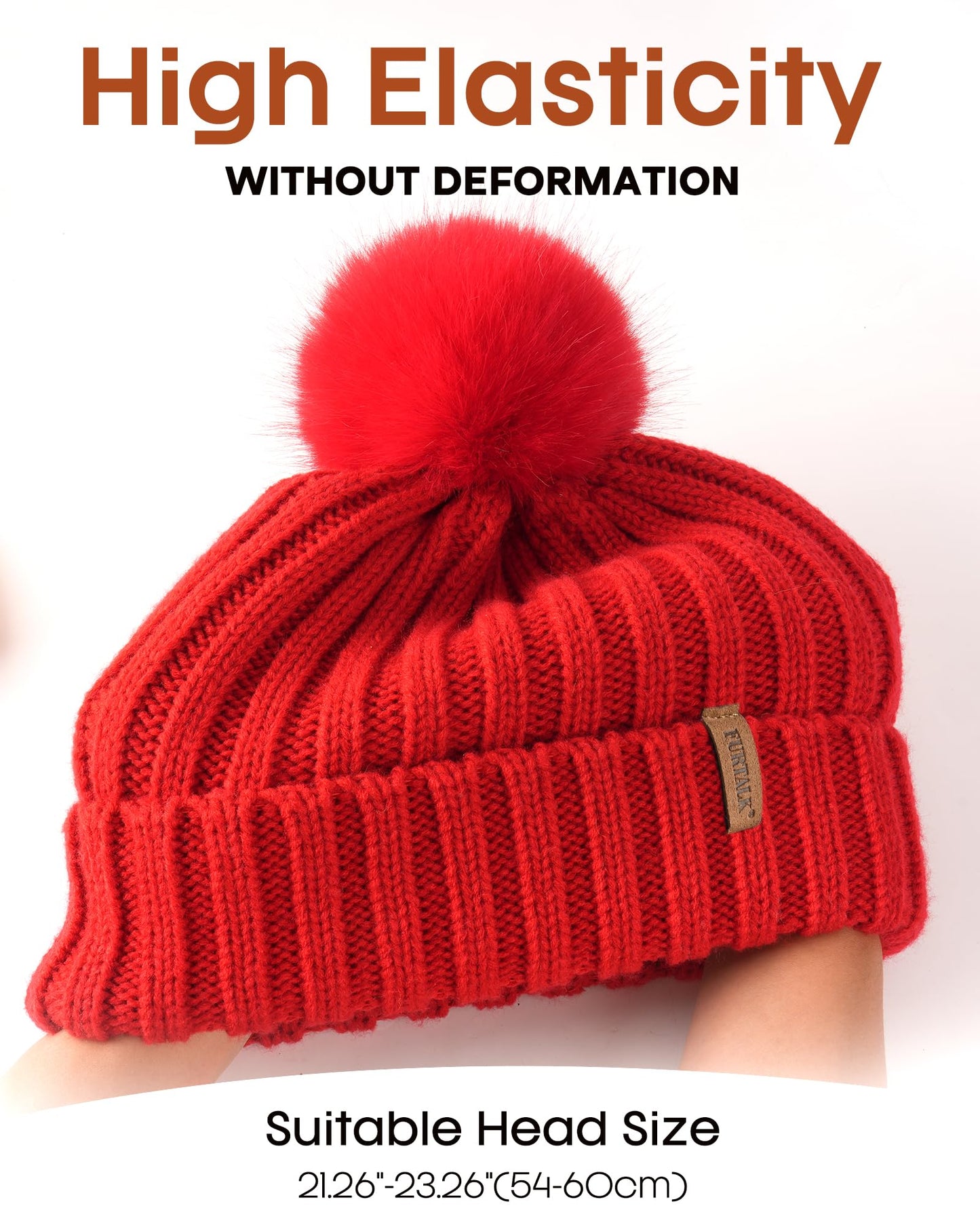 FURTALK Womens Winter Knitted Beanie Hat with Faux Fur Pom Poms Warm Knit Skull Cap for Women Red with Red Pom