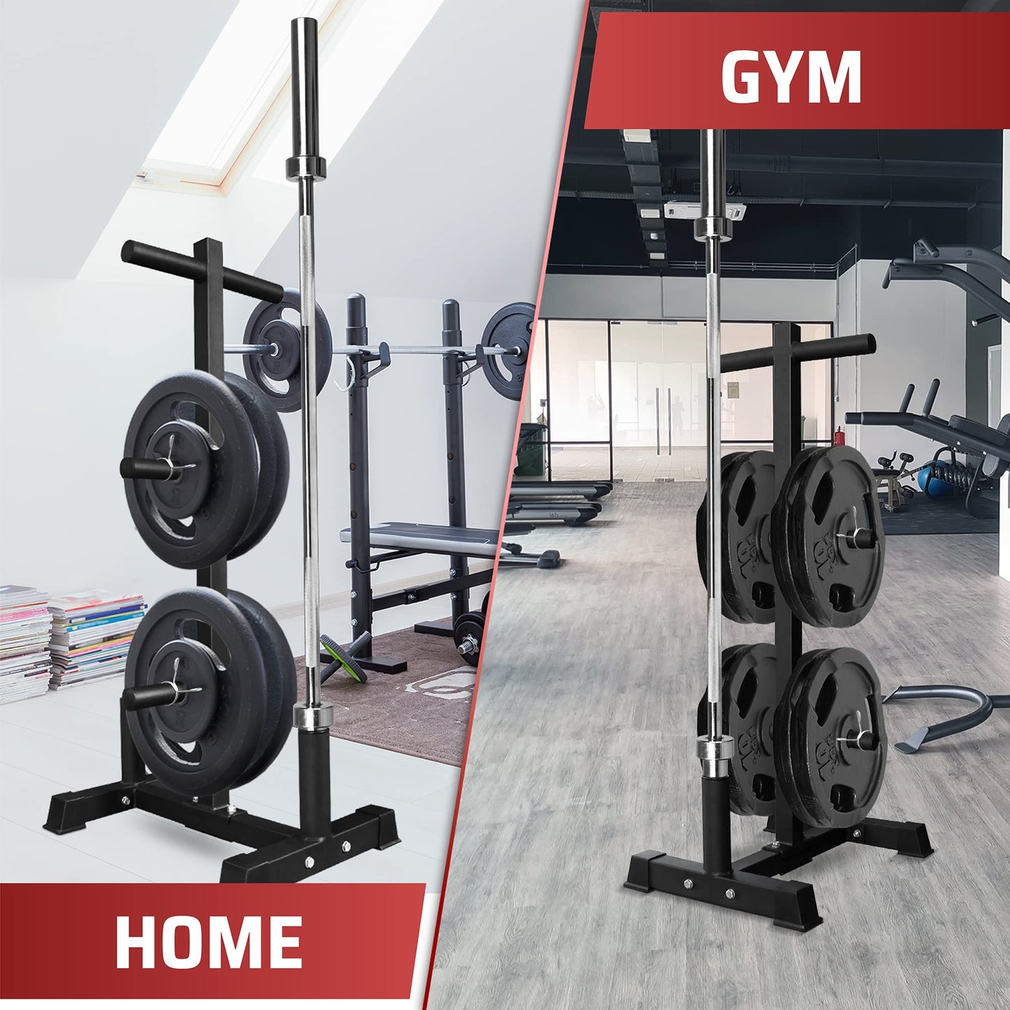 Yes4All 6-Pegs Olympic Weight Plate & 2 Barbells - Weight Plate Tree Holder & Vertical Barbell Storage Rack