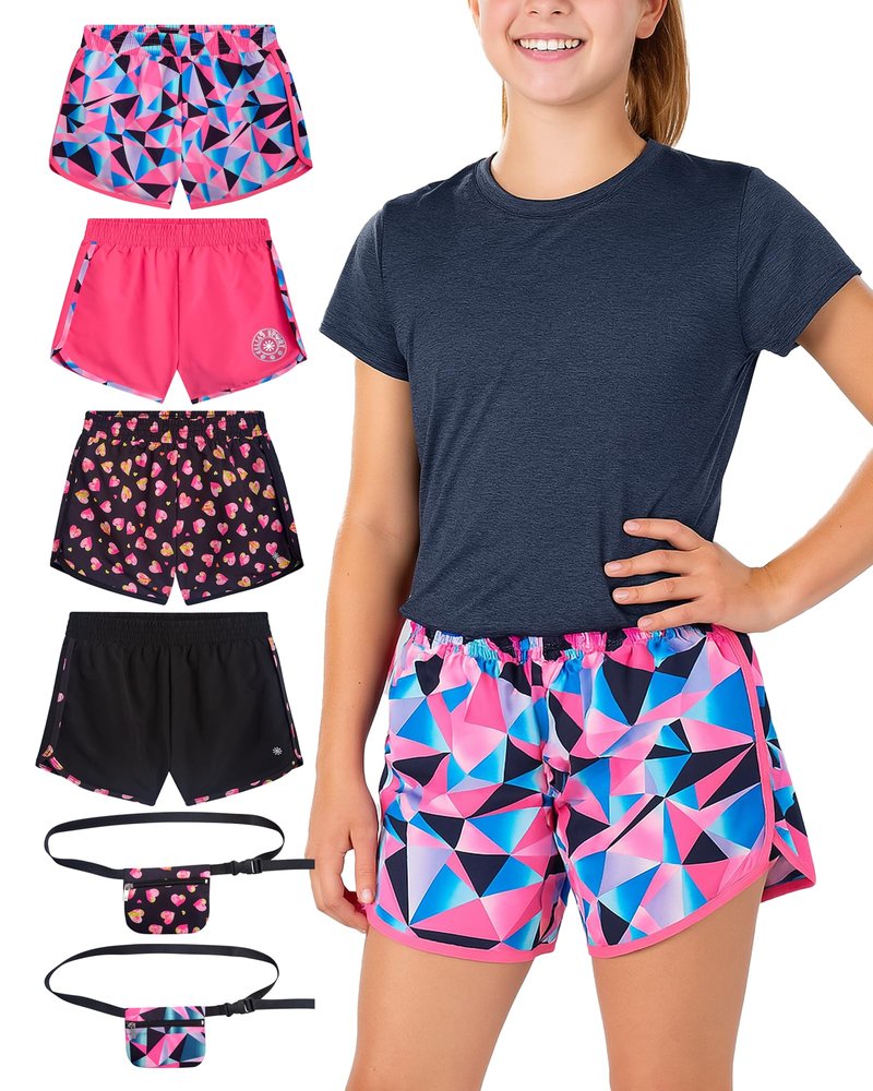 dELiA*s Girls Athletic Shorts - 4 Pack Performance Gym Shorts for Outdoor Activities with Fanny Pack - Size Up for Better Fit, Size 10/12, Black Hearts/Pink Geometric