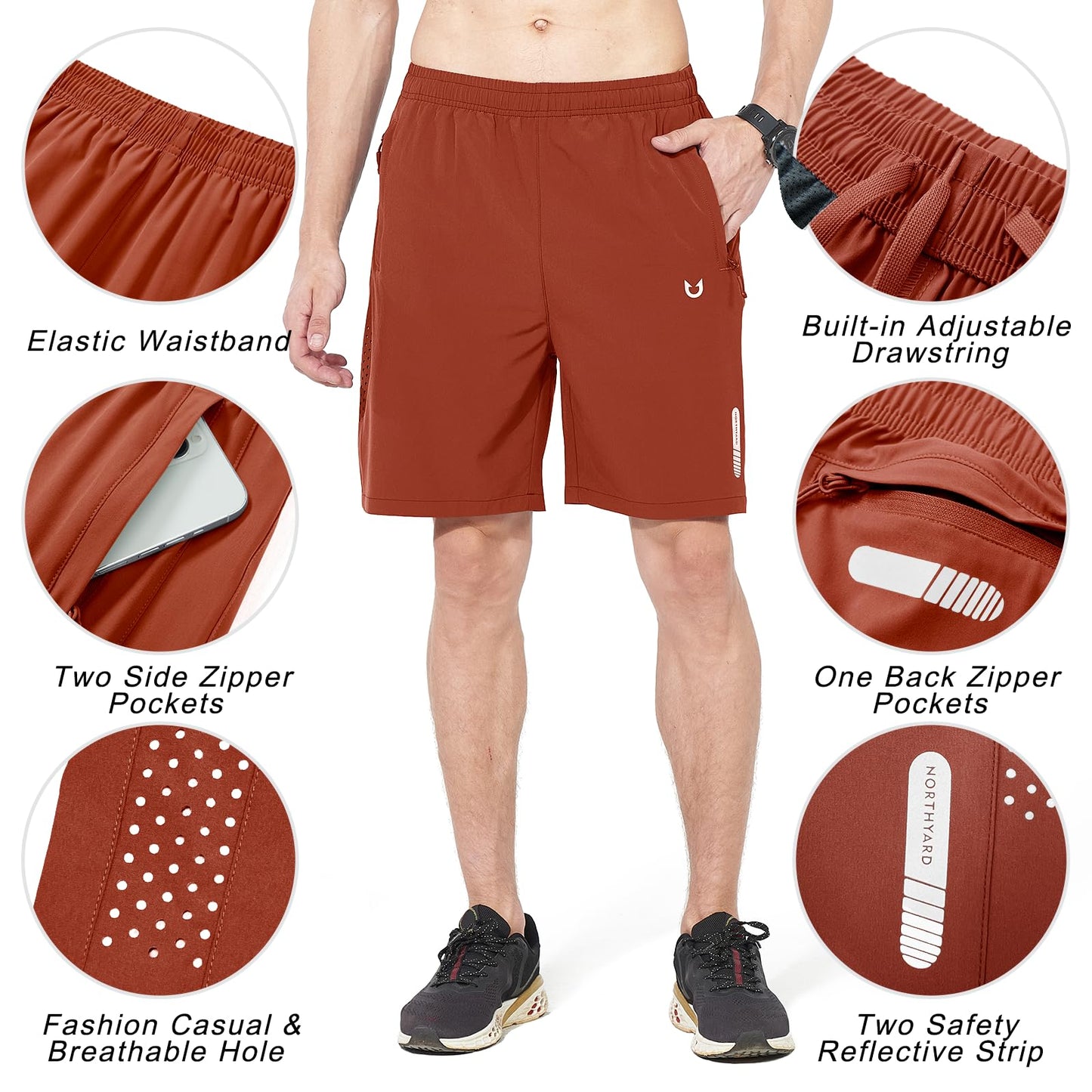 NORTHYARD Men's Athletic Running Shorts Gym Workout 7"/9"/5" Quick Dry Lightweight Sports Basketball Tennis 3 Zipper Pockets REDCLAY S