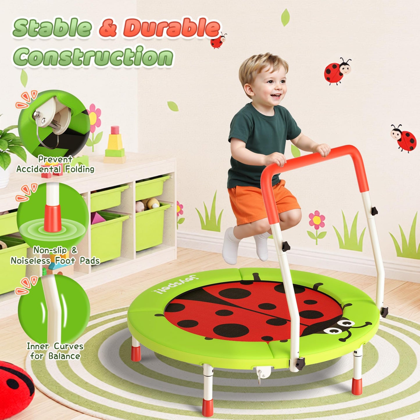 3FT Toddler Trampoline, 36” Foldable Mini Trampoline with Adjustable Handle for Kids Ages 3-6, ASTM Certified Indoor Outdoor Kids Jumper with Safety Padded Cover, Boy Girl Gift Supports 100LBS