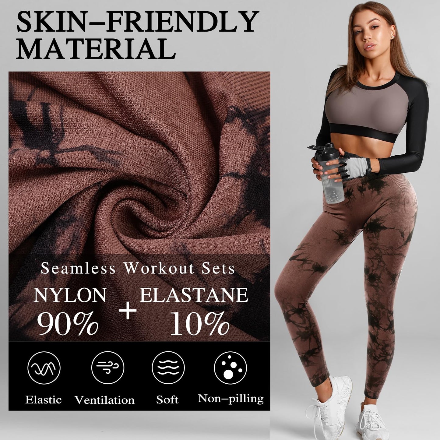 Mumucove 4 Pcs Womens Workout Leggings Tie Dye High Waisted Yoga Pants Seamless Scrunch Butt Lifting Compression Tights (Brown, Gray, Black, White,Large)