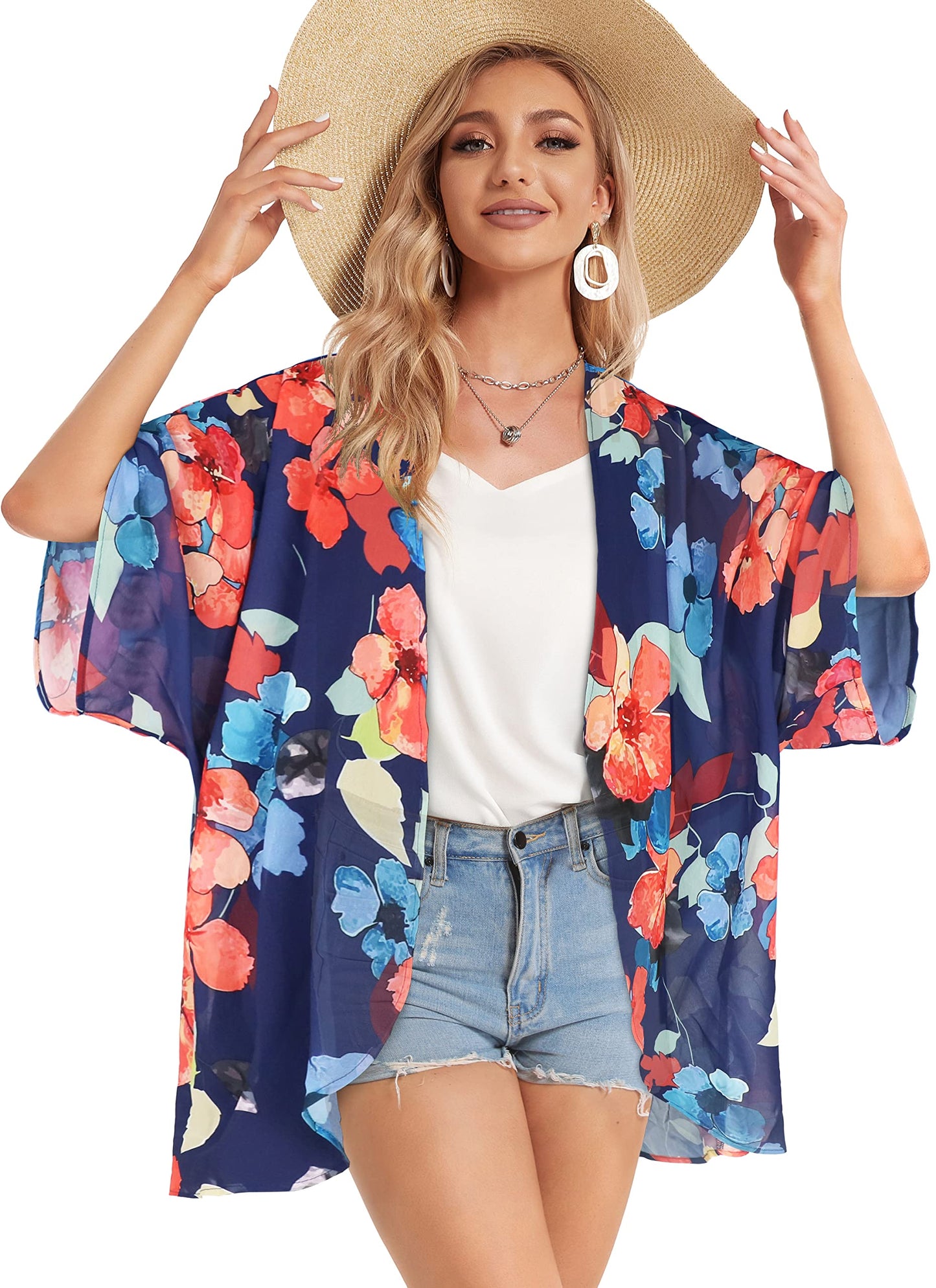 Summer Kimono Cardigan for Women Sheer Light Tops Casual Open Front Swimwear Shirts Beach Cover ups (Oil Blue,2XL)