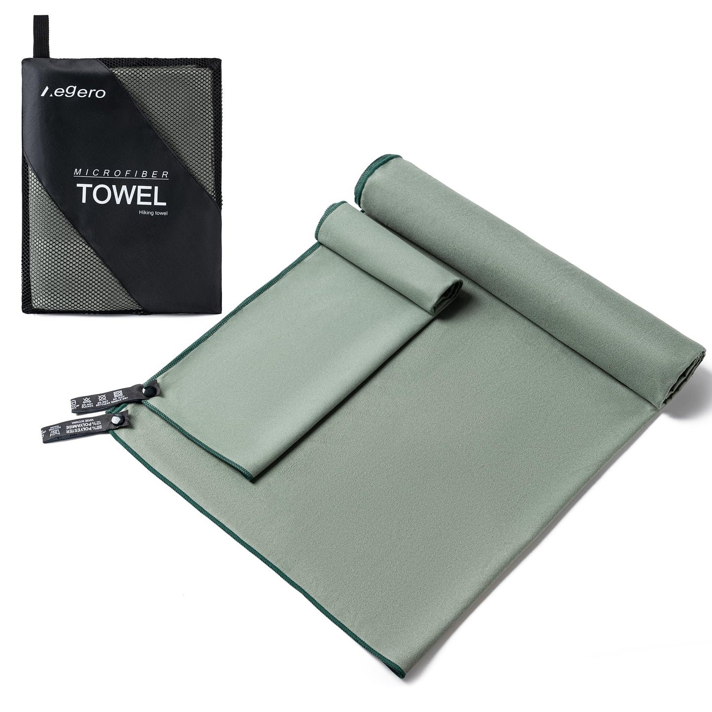 Aegero Camping Towel,2 Pack Microfiber Travel Sports Towel,Quick Dry-Super Absorbent-Ultra Compact-Ultra Soft- Lightweight.Suitable for Gym,Yoga,Trip,Beach, Shower, Backpacking,Pool(Army Green)