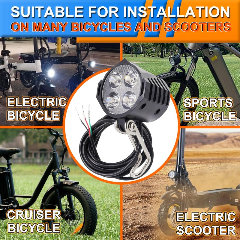 Ebike Headlight 48V 36V, 12V-60V Compatible, 3 Pin SM Connector Electric Bike Front Light