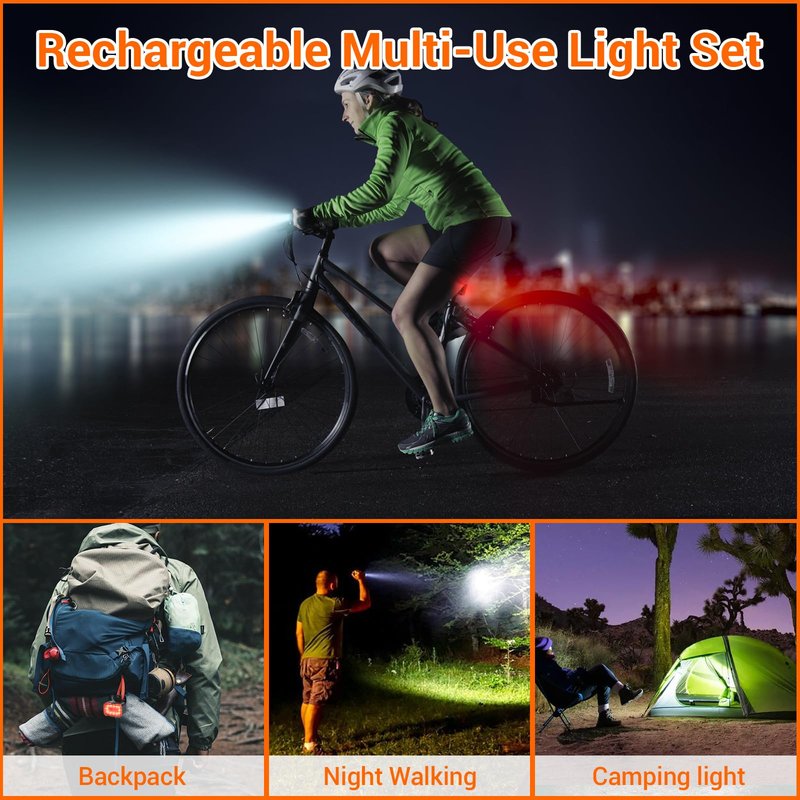 RIDWIND Bike Lights Set Rechargeable, 300 Lumen Bicycle Front and Rear Light, USB Bike Lights for Night Riding, 5+6 Modes, IPX6 Waterproof Cycling Safety Lights