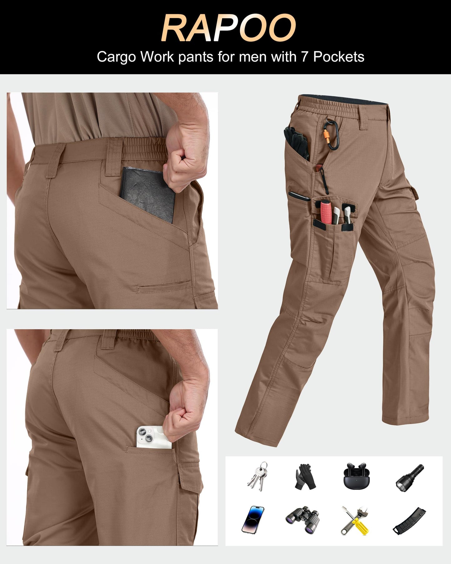 Rapoo Work Pants for Men Cargo Hiking Tactical Military Army Pants for Men with Multi Pockets Elastic Waist Mens Ripstop Construction Carpenter Pants Brown 44Wx30L