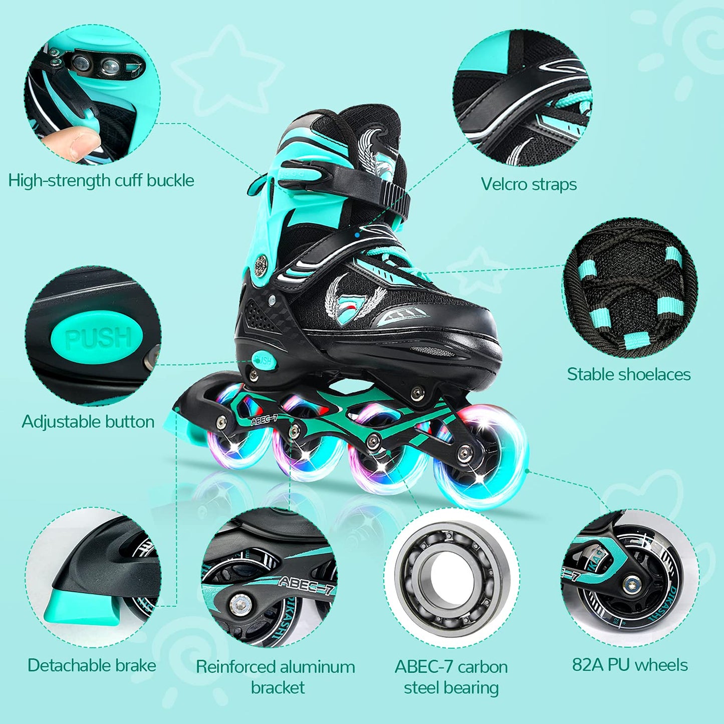 KDJ Inline Skates for Kids,Adjustable Roller Skates with 4 Illuminating Pu Wheels,Outdoors Indoors Roller Skates for Boys Girls Beginners