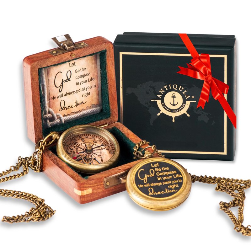 Antiqula Brass God Compass with Wooden Box, Antique Religious Gifts for Men with Quotes Engraved, Inspirational Camping Compass, Ideal Gifts for Baptism, Catholic, Christian, Communion & Graduation