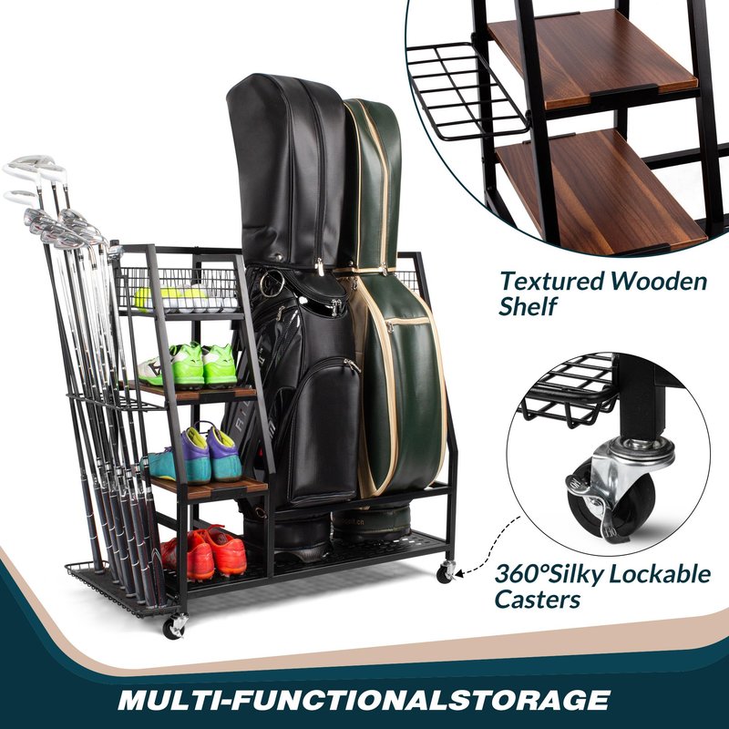 Sttoraboks 2 Golf Bags Storage Garage Organizer, Golf Bag Rack Fits 2 Golf Bags and Golf Equipment Accessories, Golf Club Storage Stand with Wooden Shelf and Lockable Wheels for Garage Indoor Basement