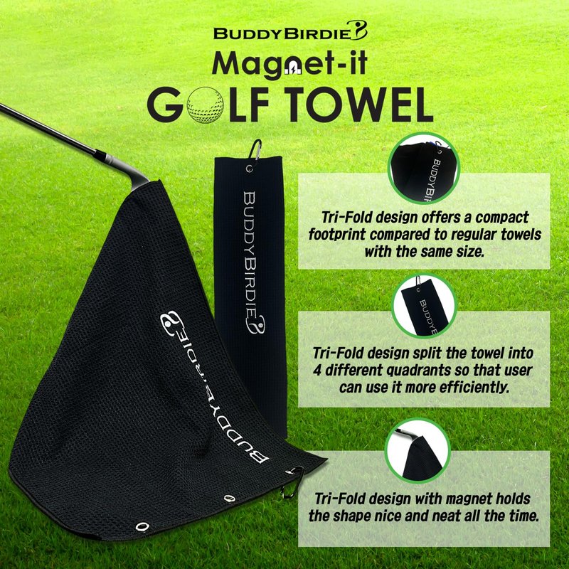 BUDDYBIRDIE Magnet-it Tri-Fold Magnetic Golf Towel | Microfiber Waffle Pattern | Strong Hold for Golf Bags | Perfect Golf Accessories & Gifts for Men | Gray (19.5x15 Black)