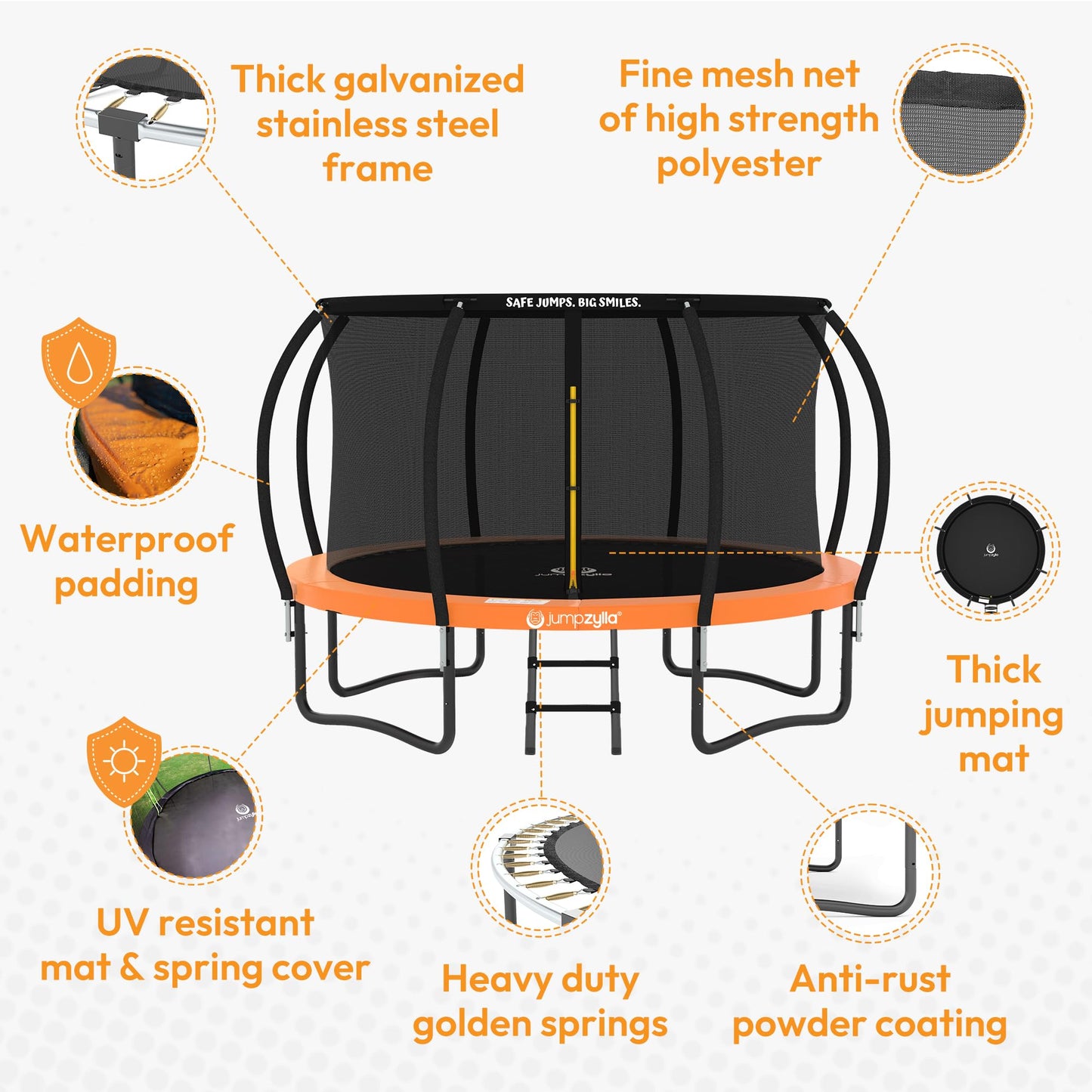 JUMPZYLLA Trampoline Outdoor 8FT 10FT 12FT 14FT 15FT 16FT with Enclosure and Ladder, ASTM Approved Recreational Trampoline for Kids and Adults, Anti-Rust Coated Frame (Orange, 8FT)