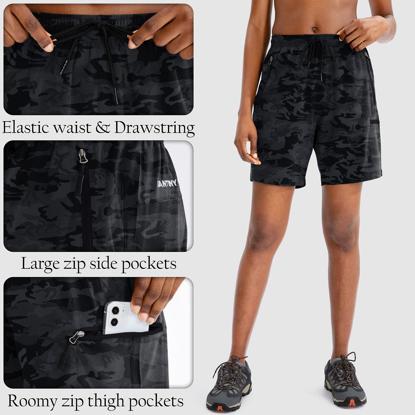SANTINY Women's 5''/ 7''/9'' Hiking Cargo Shorts Quick Dry Lightweight Summer Shorts for Women Athletic Golf Zipper Pockets(Grey Camo_S)