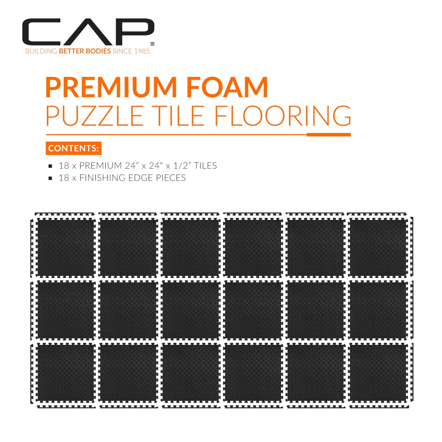CAP Barbell 1/2-Inch Interlocking EVA Foam Exercise Puzzle Mat Home Gym Flooring - 3 Pack | 24" x 24" x 1/2" | Tatami Pattern - Black
