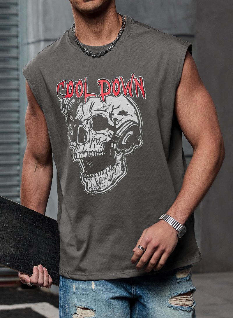 VOGSTART Men Tank Top Loose Fit Designer Tee Summer Cozy Shirts Classic Cut Off Cotton Novelty Gym Soft Sleeveless Graphic Training Sport Exercise Motion Muscle Dark Grey Skull M