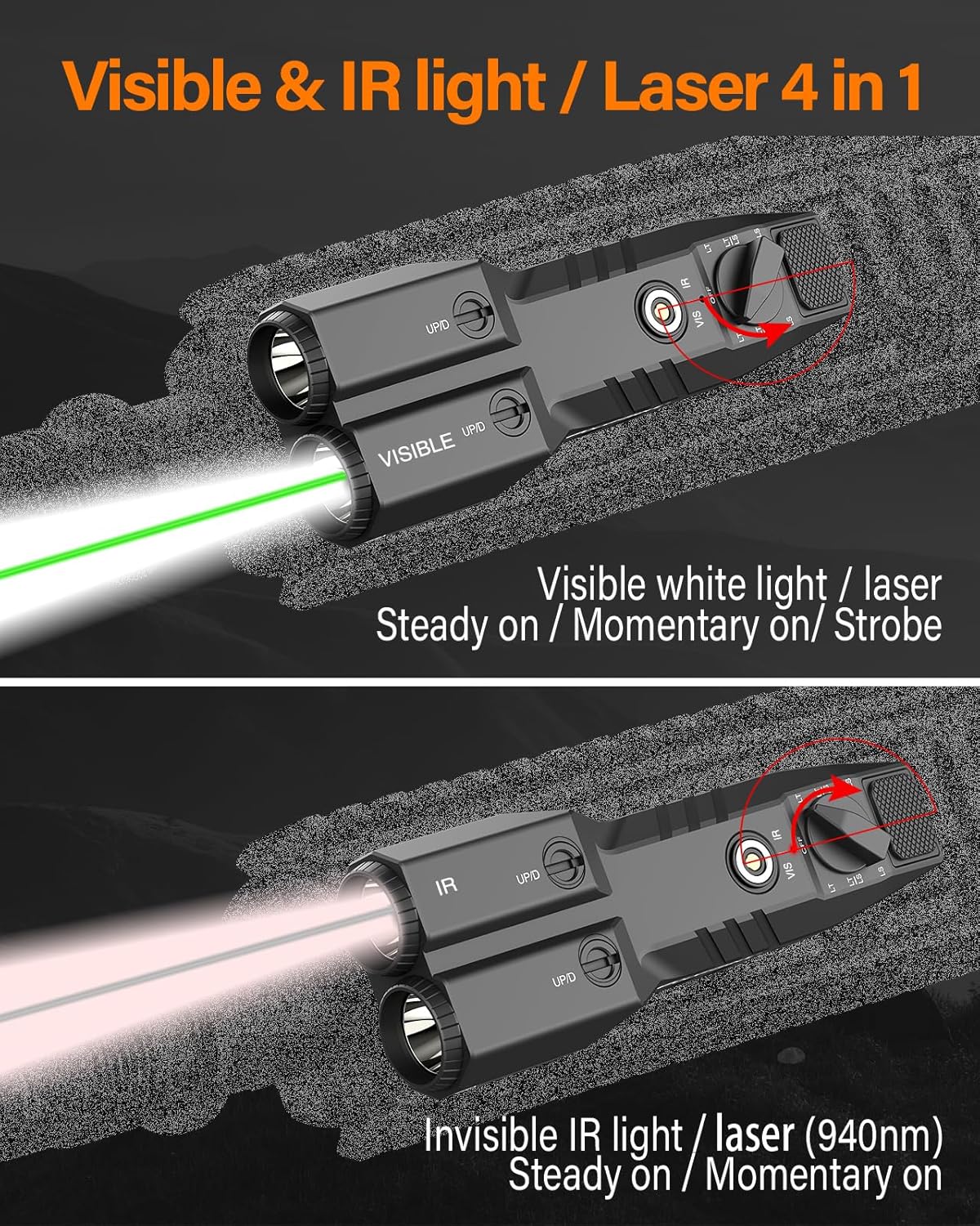 Tactical Flashlight with Green Laser | 940nm IR Illuminator & Rechargeable Low Profile Light for Rifles