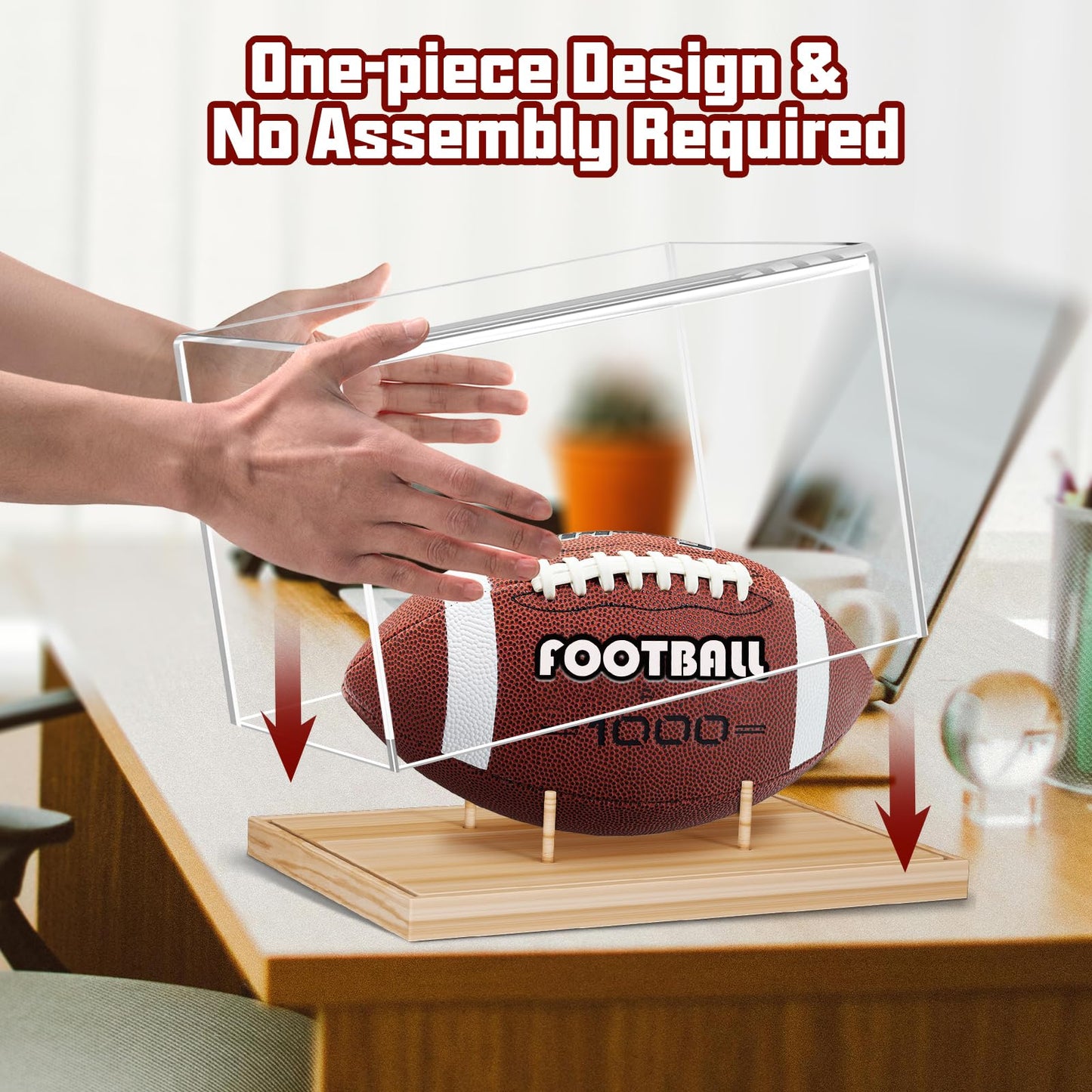 KKU Football Display Case, Acrylic Football Case with Wooden Base One-piece Design, Autographed Football Holder for Football Fans & Collectors, Sports Collectibles, No Assembly Required - Original