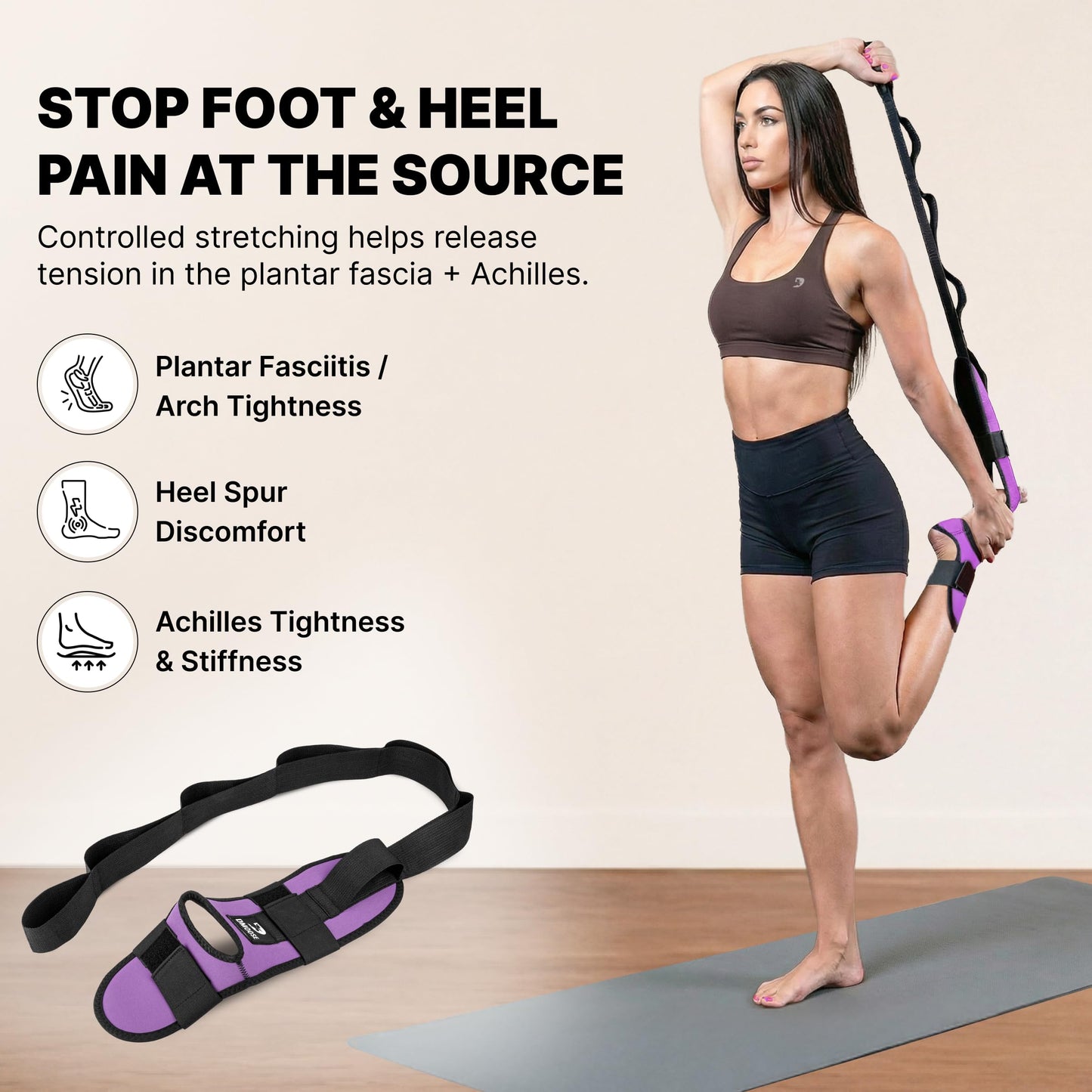DMoose Fitness Foot & Calf Stretcher with Adjustable Padded Stretching Strap for Plantar Fasciitis, Hamstring, Heel Spurs and Achilles Tendonitis Relief - Yoga Leg Stretch Strap (Purple)