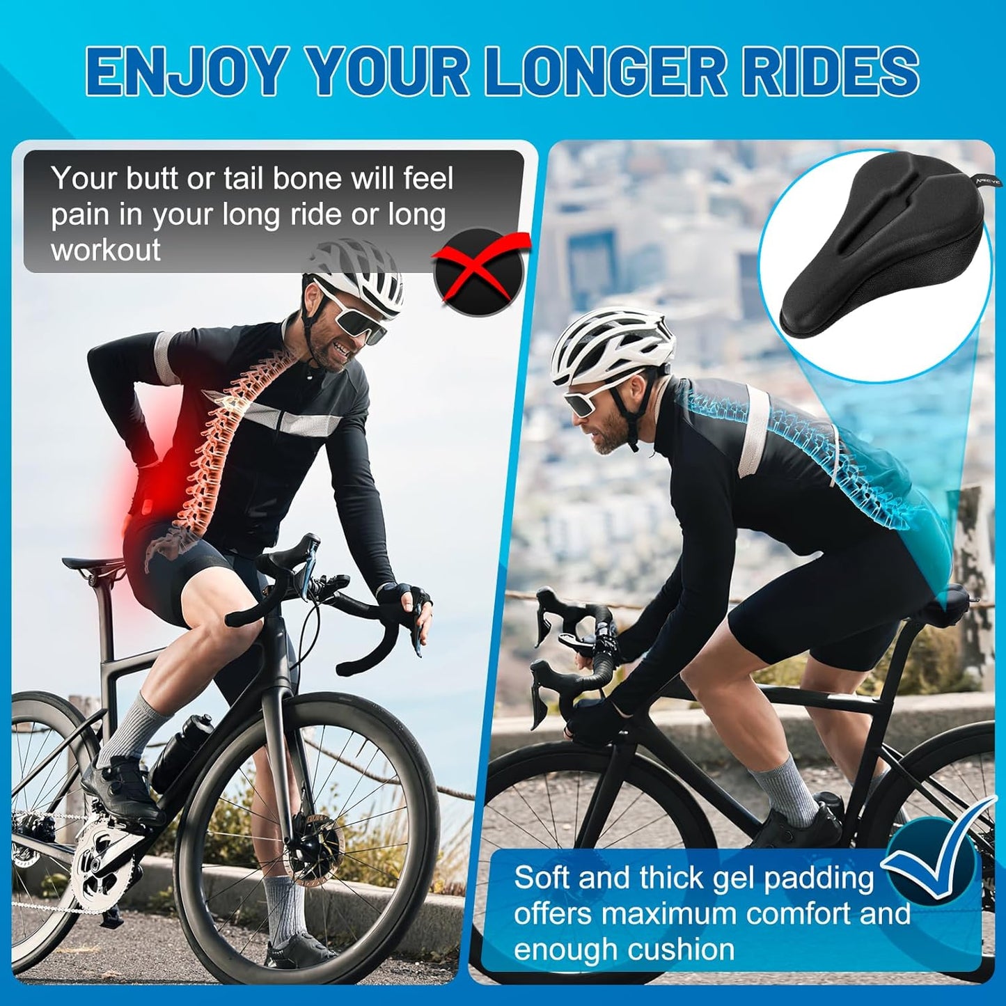 Bike Seat Cushion | Gel Padded Saddle Cover for Men & Women - Extra Soft Comfort for Peloton, Stationary & Mountain Bikes