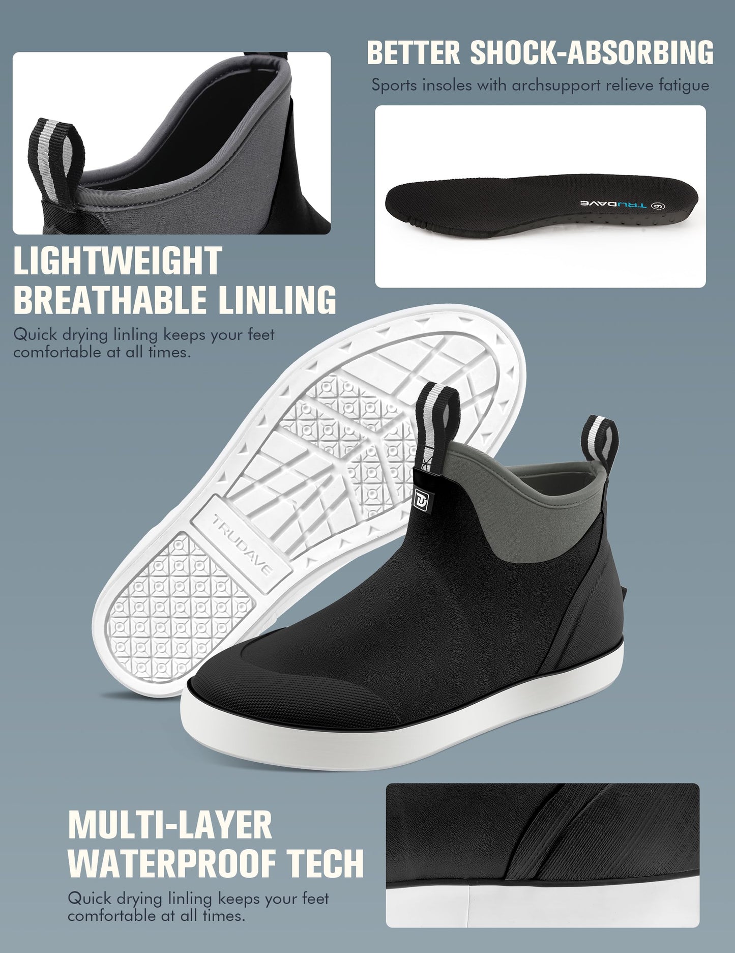 Trudave Deck Boots for Men, Waterproof Rain Boots with High Traction, Slip On Saltwater Fishing Boots Neoprene Rubber Ankle Boots for Boating Sailing
