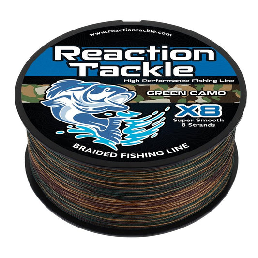 Reaction Tackle Braided Fishing Line - Pro Grade Power Performance for Saltwater or Freshwater Fish - Colored Fishing Line Braid for Extra Visibility - X8 Green Camo 40 Lb (500 Yards)