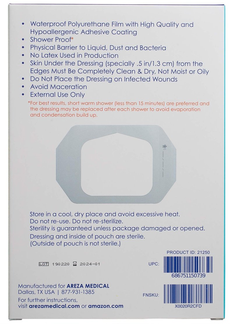 Areza Medical Showerproof Transparent Adhesive Film Dressing 4 inch x 4 inch 3/4" 50 Per Box - 50 Count (Pack of 1)
