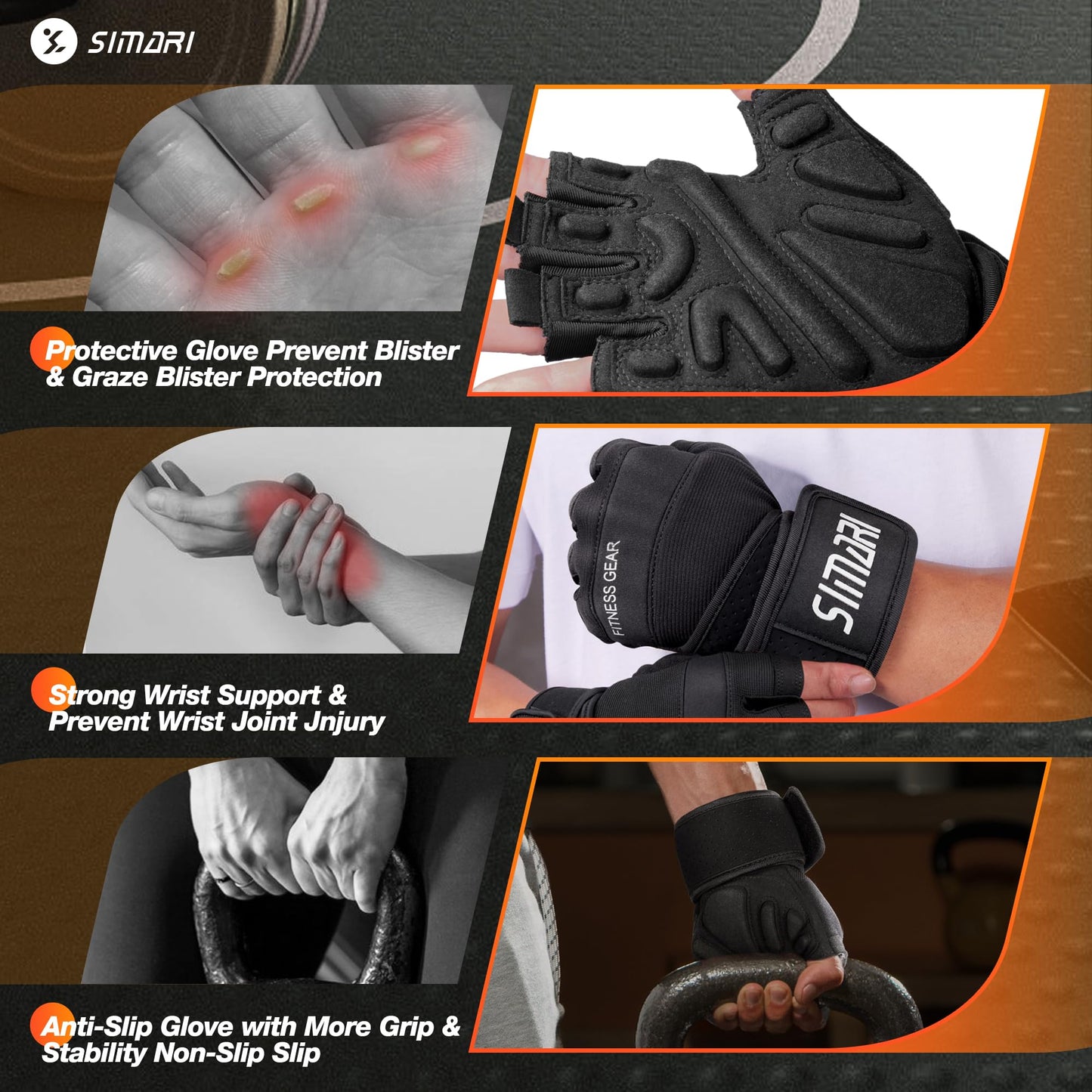 SIMARI Padded Workout Gloves for Men and Women, Ventilated Weight Lifting Gloves with Wrist Wraps Support, Full Palm Protection, Great Grip for Gym Training, Fitness, Weightlifting, Exercise