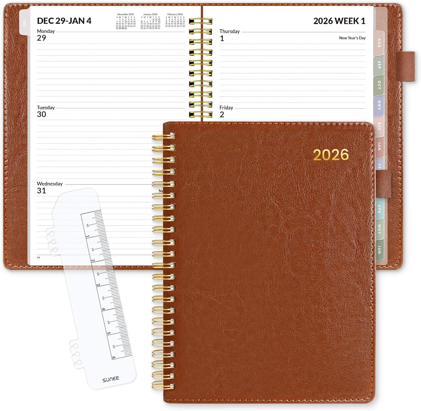 Weekly & Monthly Planner 2026 - Vegan Leather Cover, Pocket, Bookmark | 6.4"x8.5", Brown