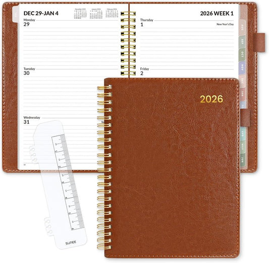 Weekly & Monthly Planner 2026 - Vegan Leather Cover, Pocket, Bookmark | 6.4"x8.5", Brown