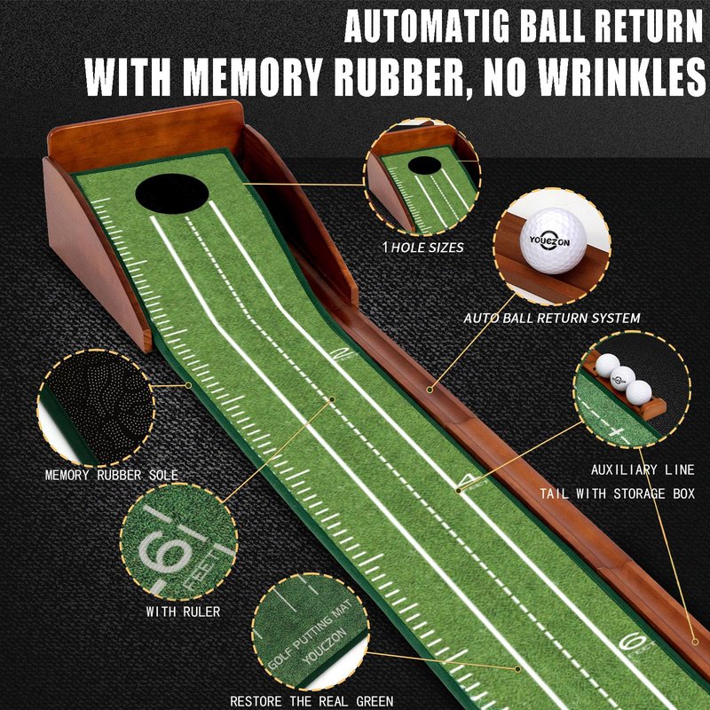 YOUCZON Putting Green Indoor,Golf Putting mat– Portable & Easy to Assemble, Automatic Ball Return, Wrinkle-Free Natural Rubber Mat, Solid Wood Construction for Golfers