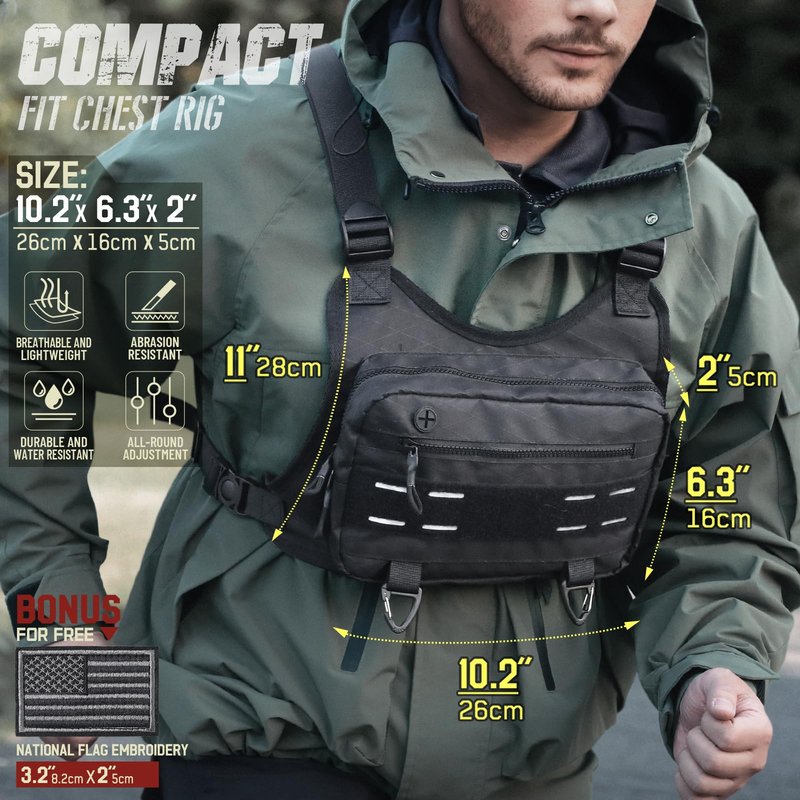 RXW Outdoor Sport Chest Rig for Men Women, Running Vest Bag with Pack Holster, Chest Pack Built in Phone Holder for Cycling, Camping,Travel, Hiking, Workouts, EDC（Black）