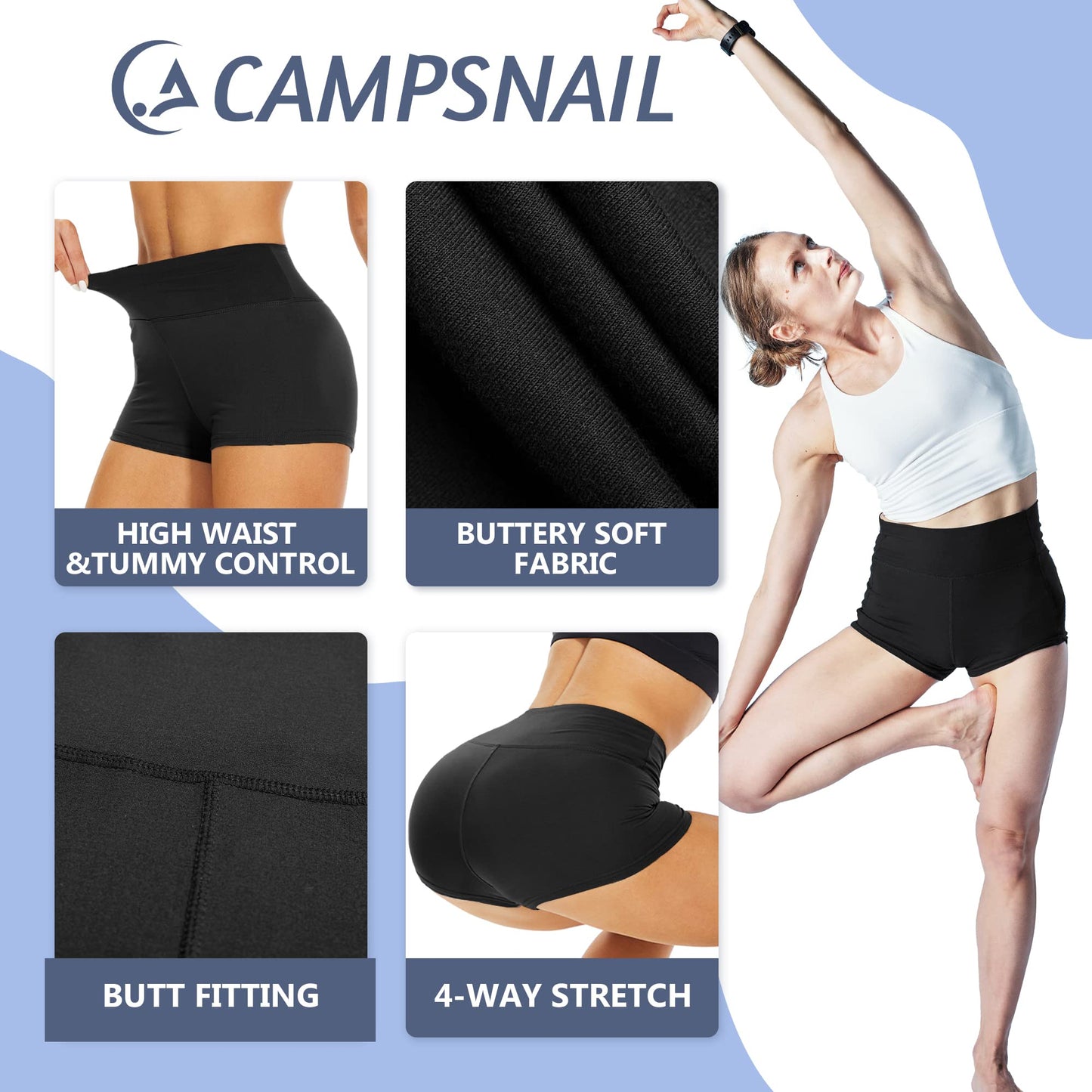 CAMPSNAIL Workout Biker Shorts Women - 3" High Waisted Tummy Control Spandex Booty Volleyball Gym Shorts for Yoga Dance