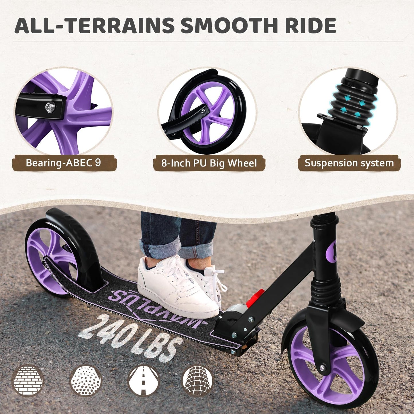 WAYPLUS Kick Scooter for Ages 6+,Kid, Teens & Adults. Max Load 240 LBS. Foldable, Lightweight, 8IN Big Wheels for Kids, Teen and Adults, 4 Adjustable Levels. Bearing ABEC9
