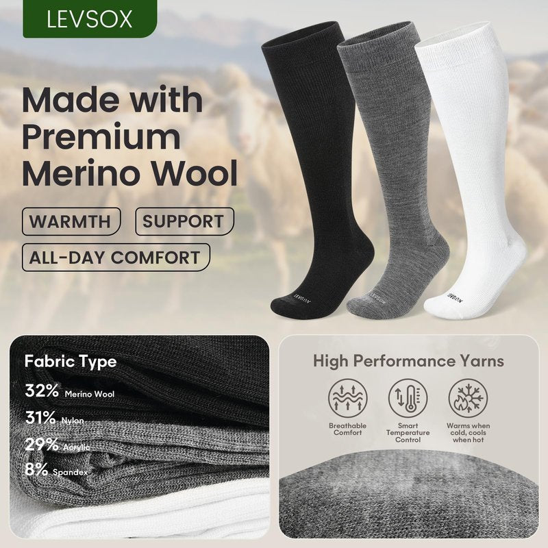 LEVSOX Merino Wool Compression Socks for Women & Men 20-30 mmHg Knee High Graduated Support Socks for Nurses Pregnancy Travel