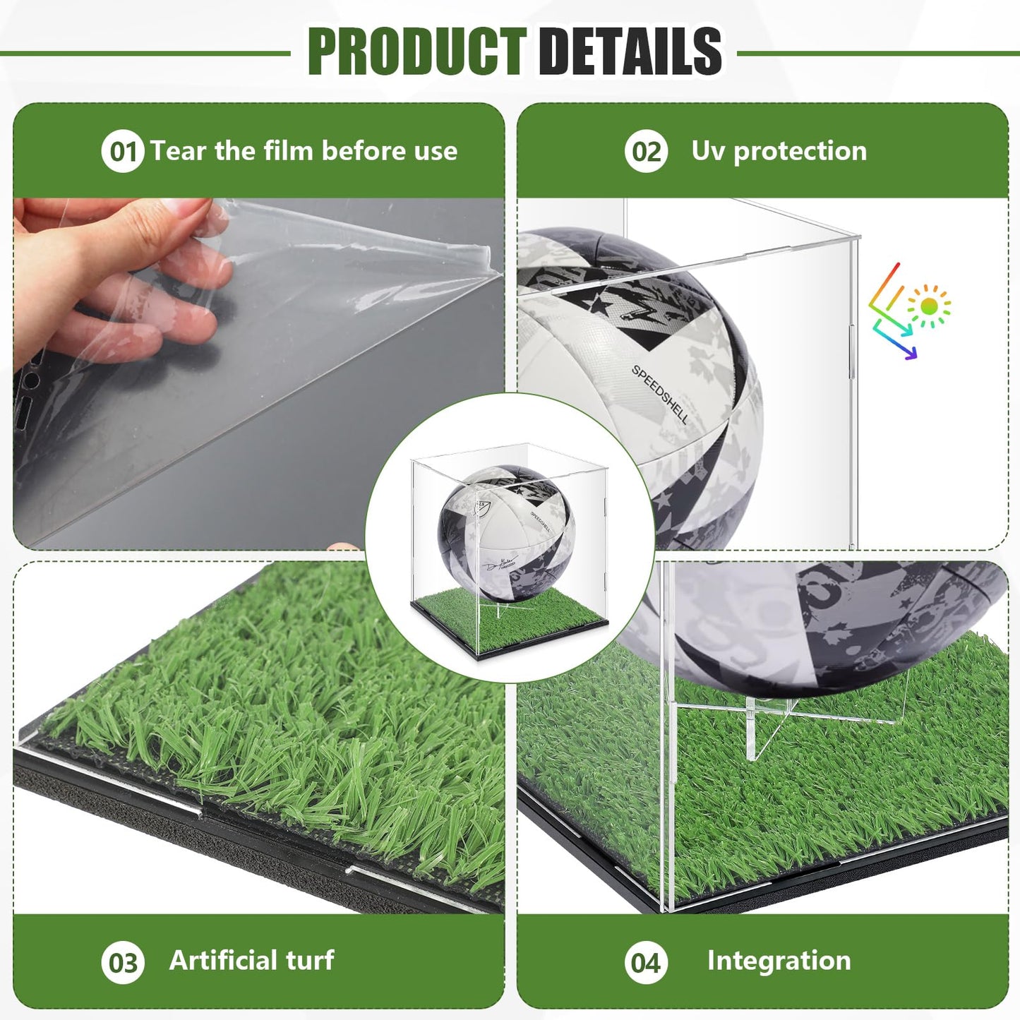Novabright Soccer Ball Display Case Transparent Acrylic Full Size Soccer Ball Display Holder with Grass Turf Self Assembly Acrylic Case Protection Dustproof Showcase
