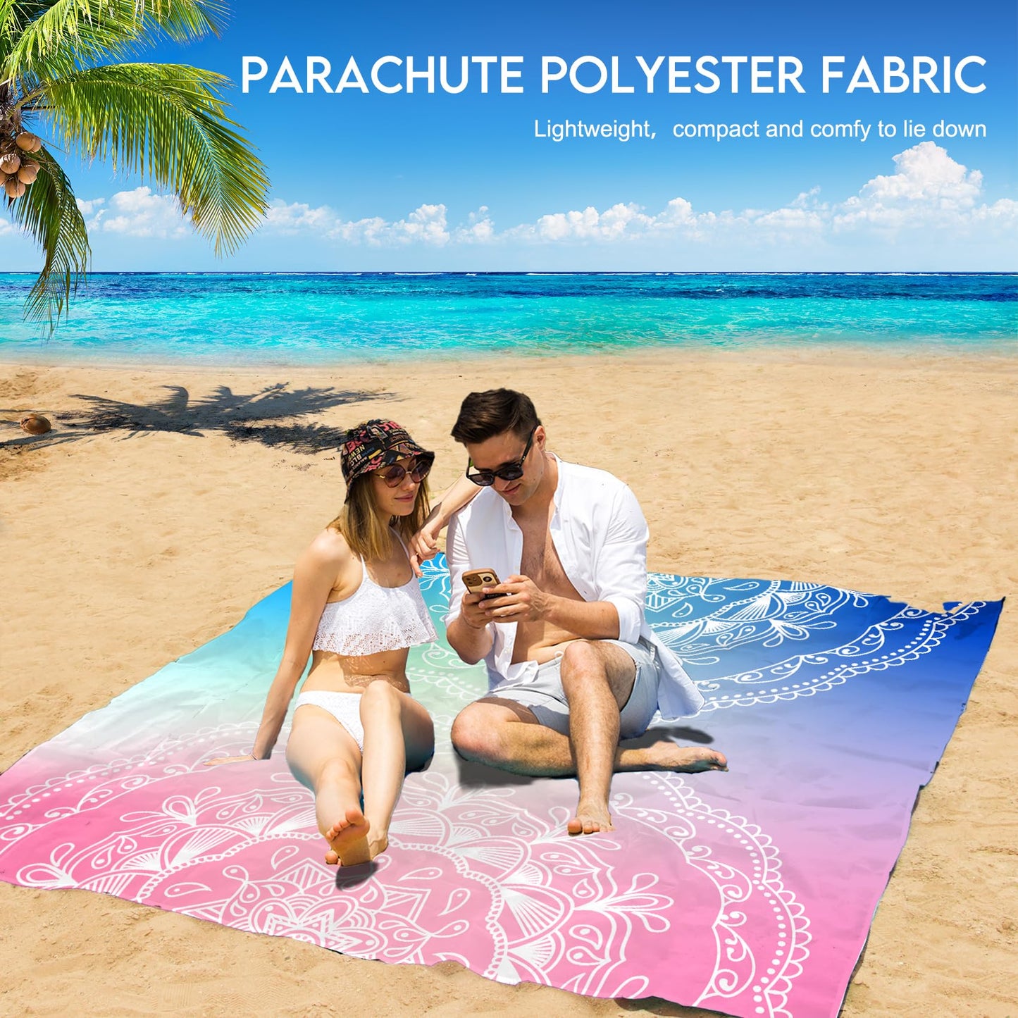 BYDOLL Beach Blanket 78''×81'' 1-5 Adults Oversized Lightweight Waterproof Sandproof Beach Blanket Large Picnic Mat Beach Blanket for Beach Travel Camping Hiking Picnic