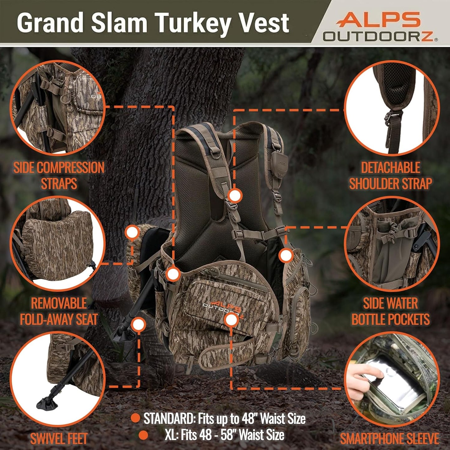 Grand Slam Turkey Vest - Memory Foam Seat & Removable Kickstand Frame | Camo Outdoor Hunting Gear