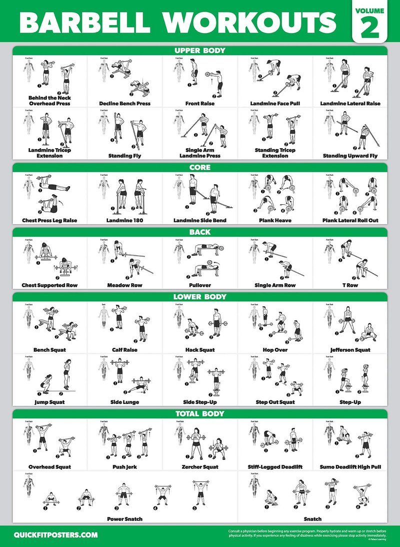 Palace Learning 3 Pack - Barbell Workout Posters Volume 1 & 2 + Stretching Exercise Chart - Set of 3 Posters (LAMINATED, 18" x 24")