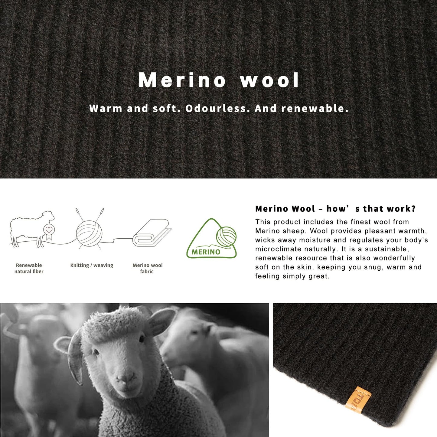 TOP-EX 100% Merino Wool Mens Winter Beanie Cold Weather Warm Lined Skull Stocking Cuff Watch Knit Cap Women Fisherman Hat Black Medium Large