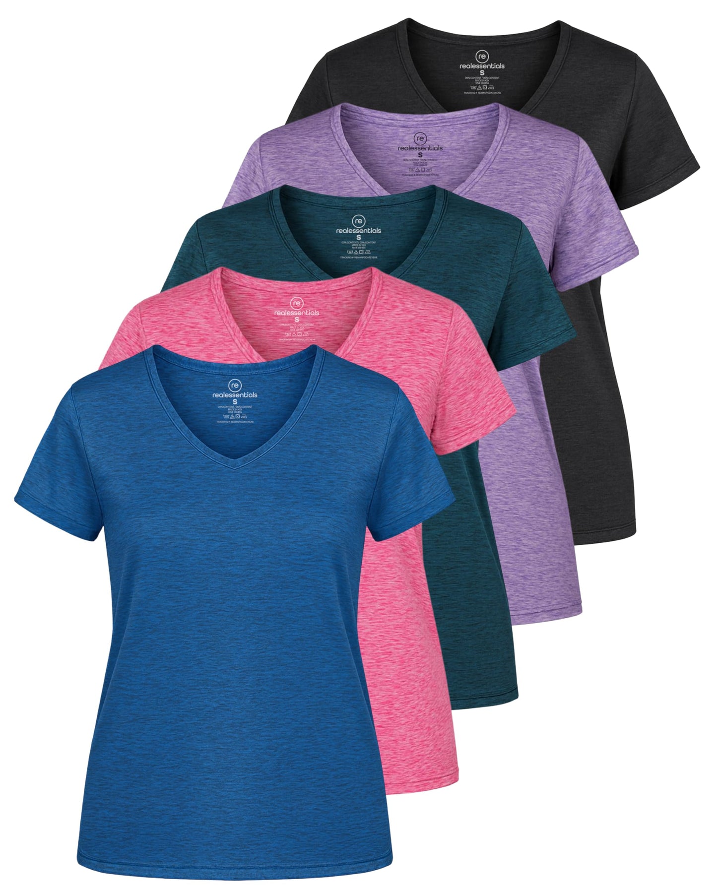 Real Essentials 5 Pack: Women's Dry-Fit Short Sleeve V Neck T Shirt Workout Fitness Yoga Top Tee, Set 7, S