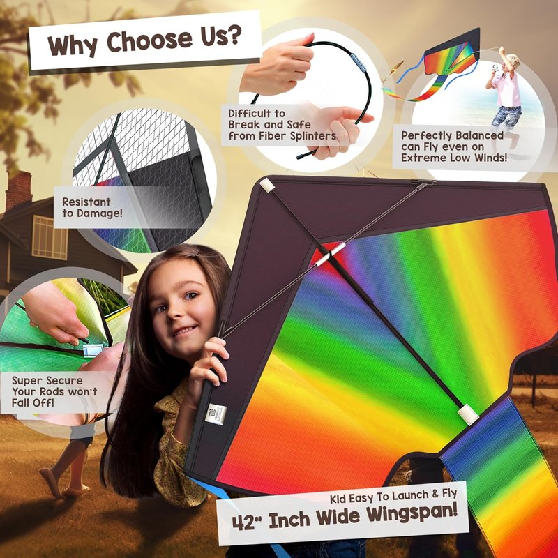 Large Rainbow Kite for Kids & Adults - Easy to Fly 42-Inch Beach Kite | Includes 164ft String & eBook