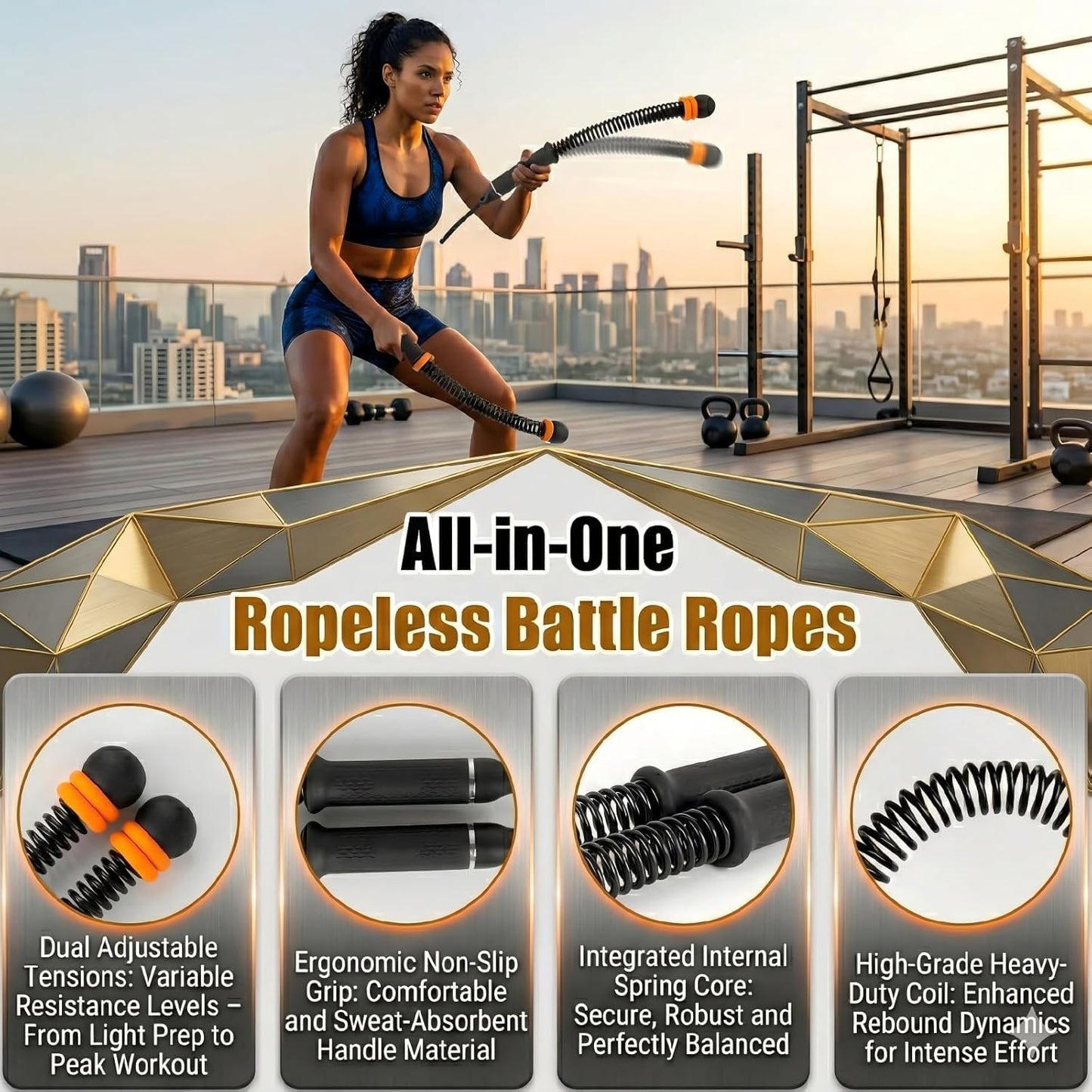Ropeless Battle Ropes - 2 PCS Portable Cordless Set with Non-Slip Handles | Low-Noise HIIT & Strength Training Equipment for Home Gym
