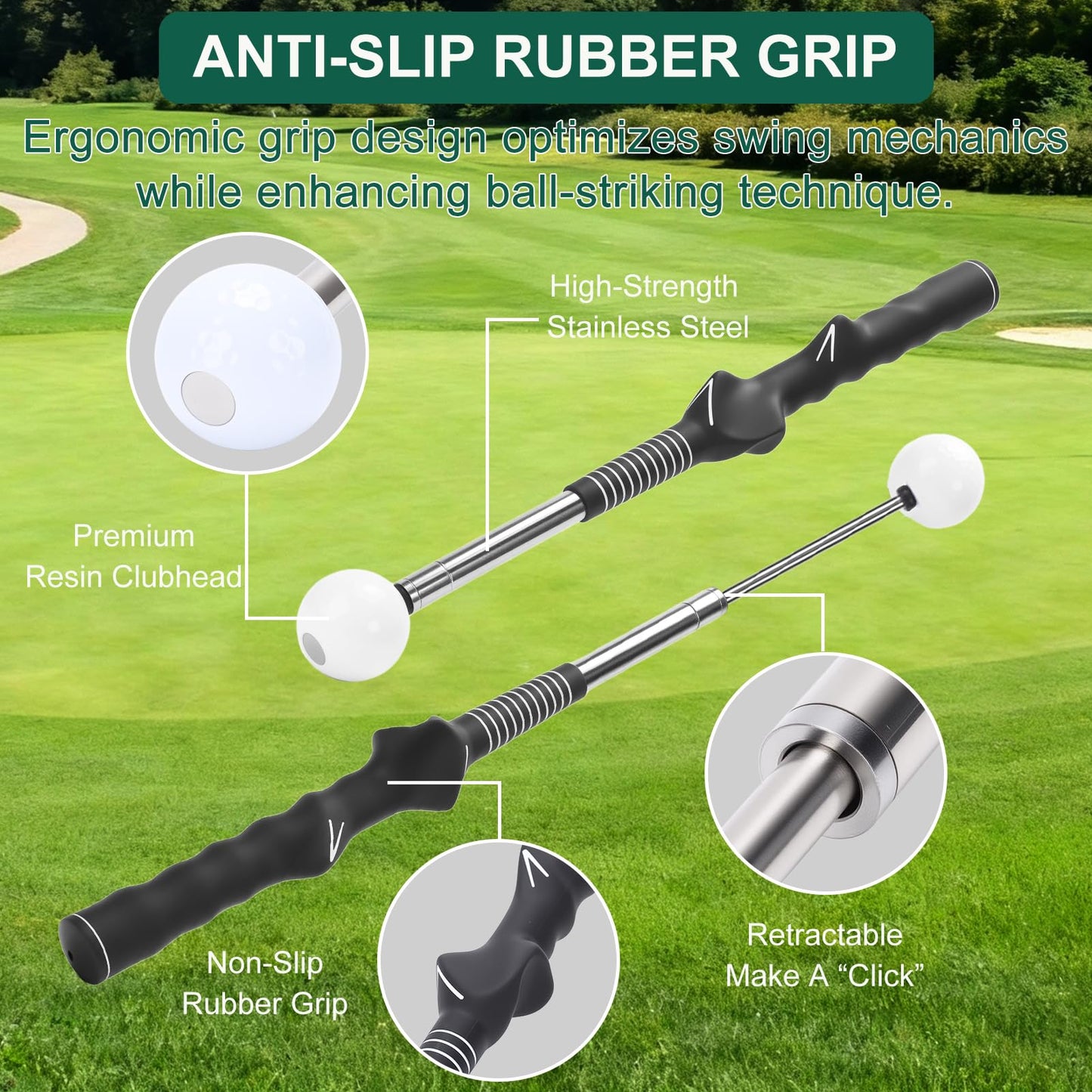 exsulity Retractable Golf Swing Training Aid, Golf Grip Trainer Right Hand, Rhythm Click Sound Telescopic Warm Up Golf Swing Trainer for Indoor & Outdoor Practice