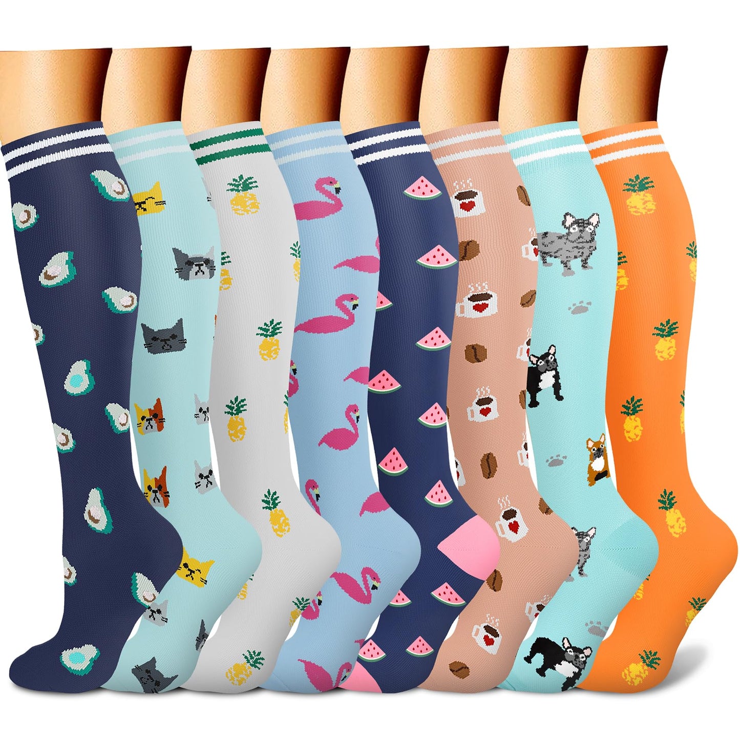 CHARMKING Compression Socks for Women & Men (8 Pairs) 15-20 mmHg Graduated Copper Support Calf Socks are Best for Pregnant, Nurses - Boost Performance, Circulation, Knee High Wide Calf(S/M, Multi 54)
