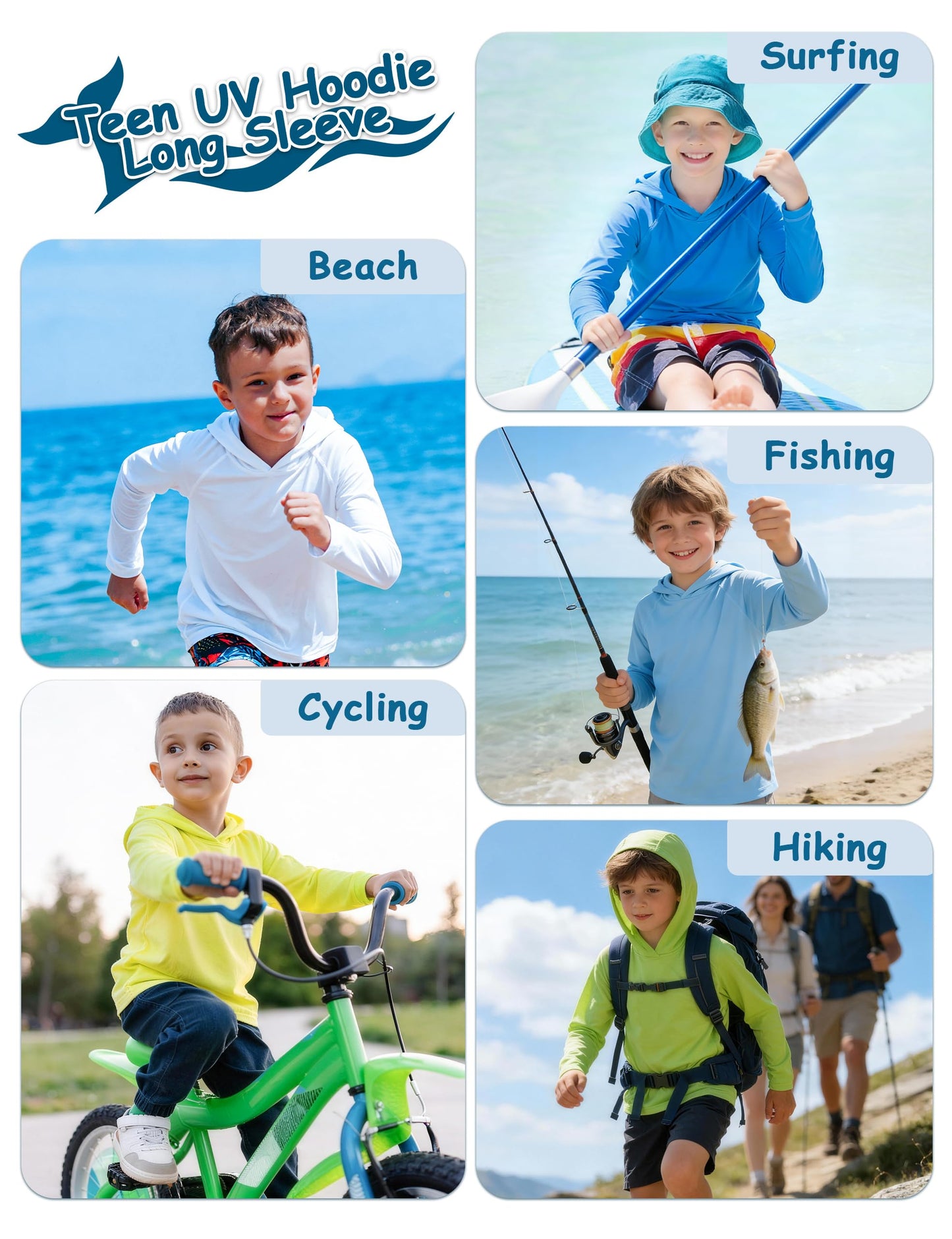 DRONIRING Boys Hooded Long Sleeve Rash Guard Swim Shirt, Youth Kids UPF 50+ Fishing Shirt, Sun Protection Hiking Beach Hoodie