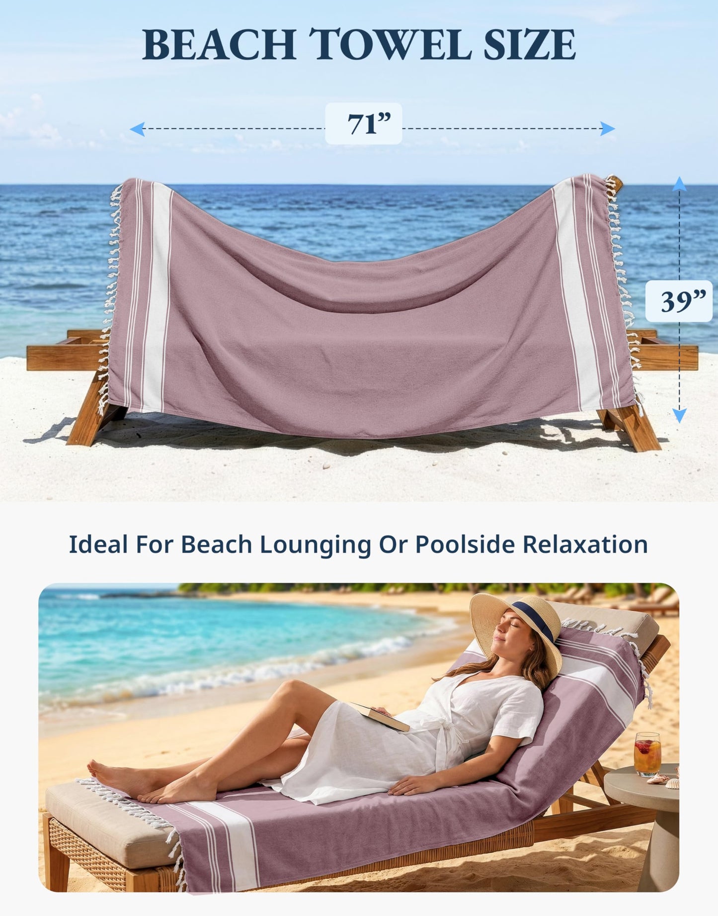 LANE LINEN Turkish Beach Towels, 2 Pack Extra Large Beach Towel, Pre-Washed for Soft Feel, Oversized Sand Free Quick-Dry Pool Towel, Beach Towels for Adults, 39"x71" - Wistful Mauve